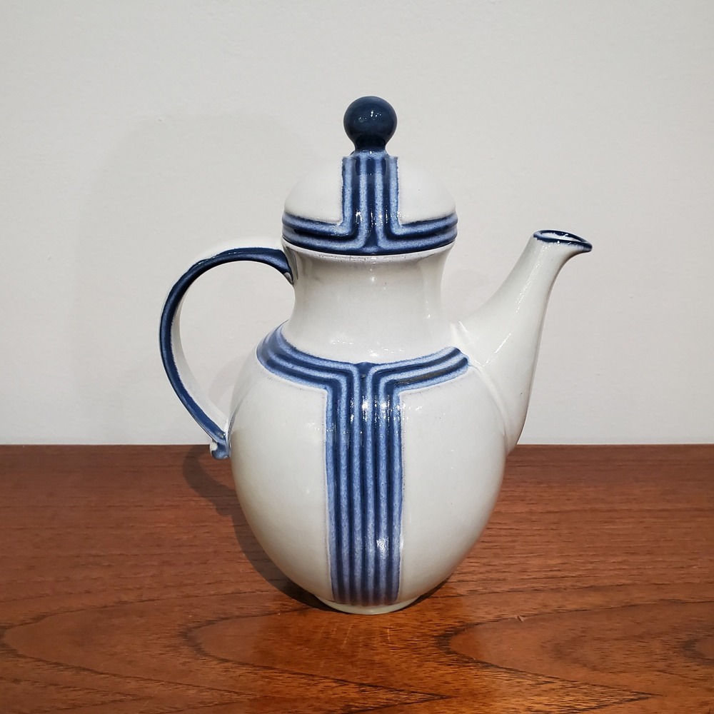 German Steingutzes Gutezeichen Ceramic Coffee Pot Blue and White Mid Century